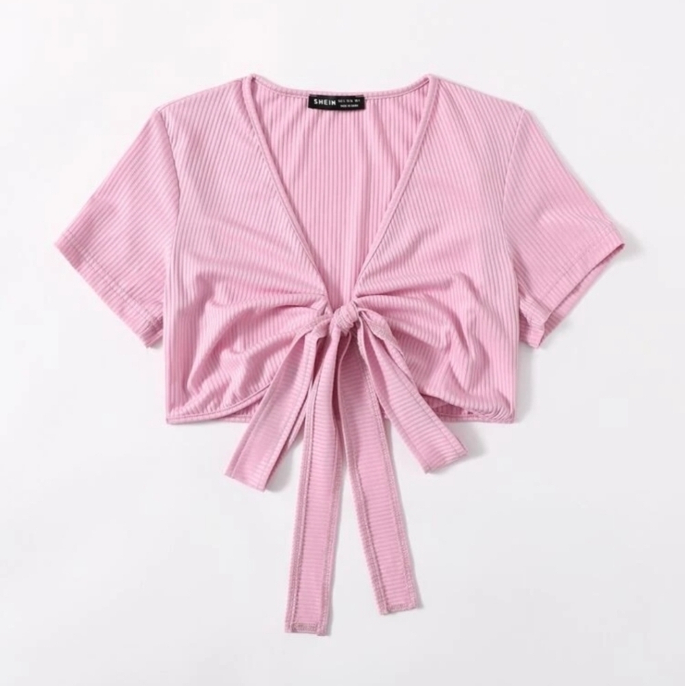 SHEIN Pink Tie Front Solid Rib-Knit Crop Top Size Women's Small 4